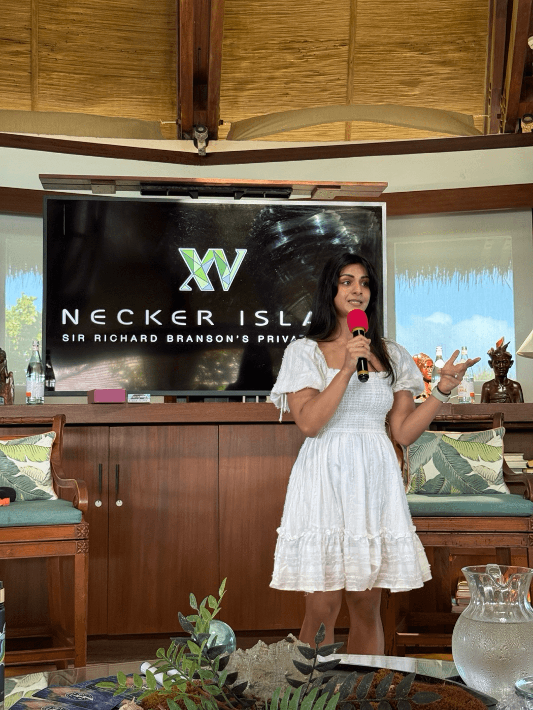 Ahana, founder of Clear, pitching on Necker Island